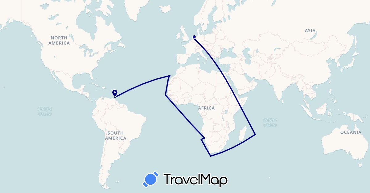 TravelMap itinerary: driving in Spain, Mauritius, Namibia, Netherlands, Trinidad and Tobago (Africa, Europe, North America)